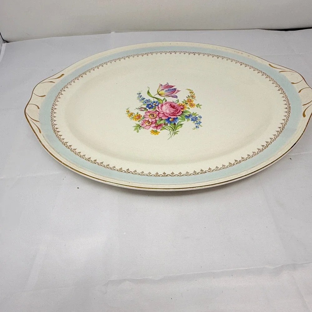Homer Laughlin Eggshell Georgian Floral Oval Serving Platter Blue Gold Trim 15in